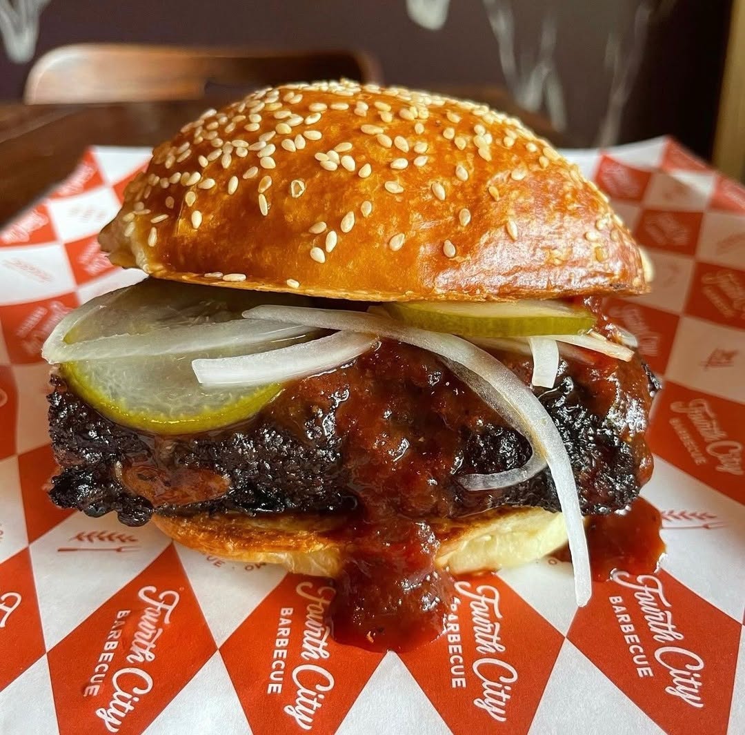 City BBQ burger served on custom printed greaseproof paper