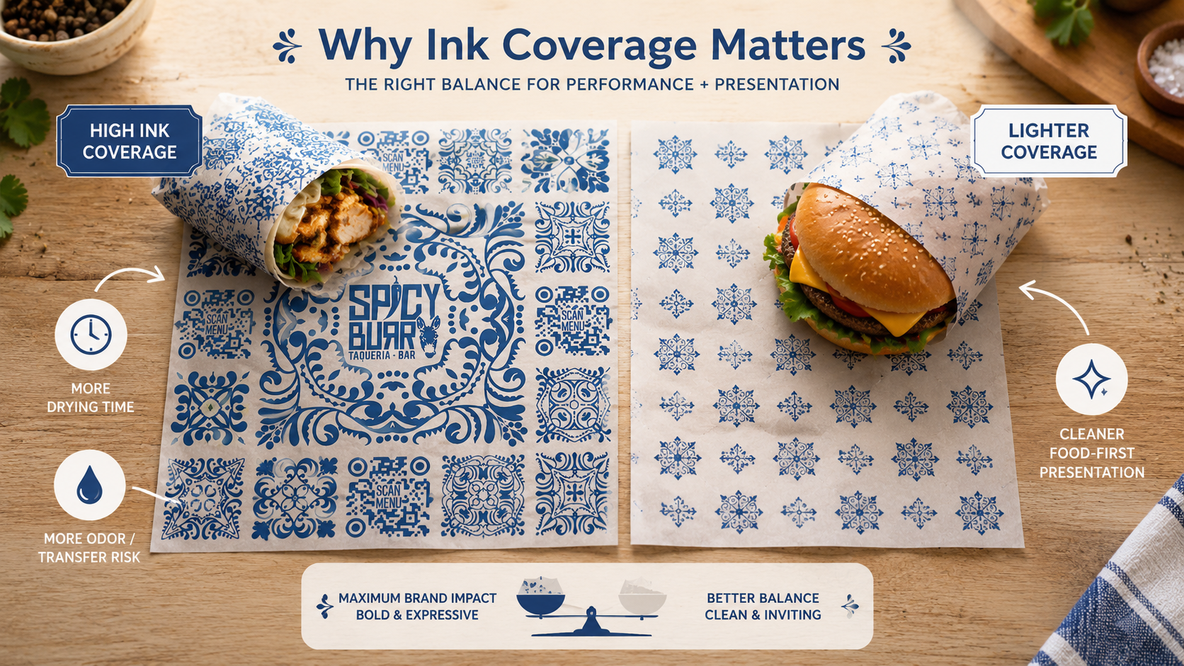 Ink coverage comparison for custom printed greaseproof paper showing heavy blue print coverage versus lighter repeating pattern food wrap