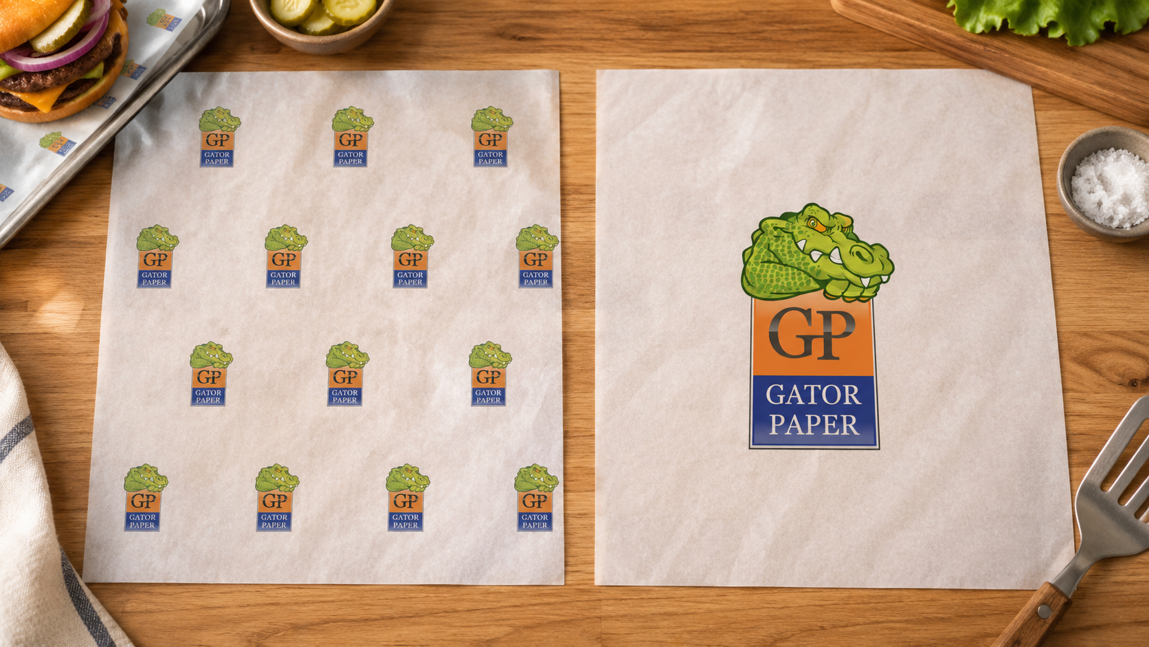 Custom greaseproof paper comparison showing repeating Gator Paper logo pattern versus one large centered logo on food wrap sheets