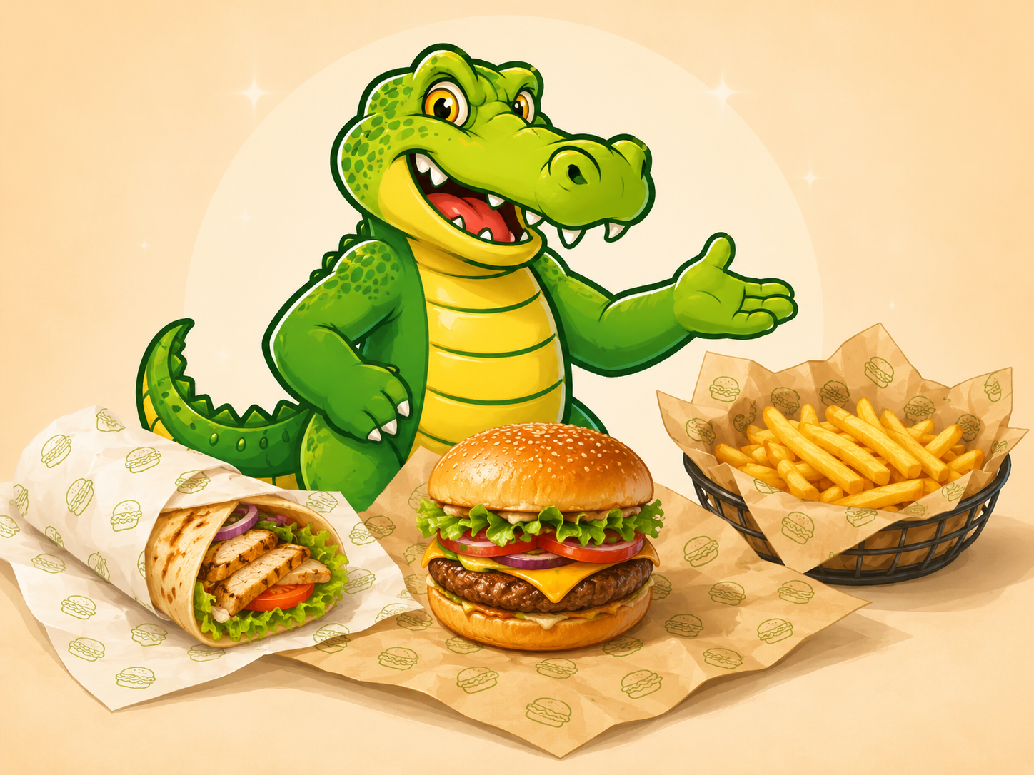 Gator mascot presenting a wrap, burger, and fries on custom printed greaseproof paper for a clean branded food presentation