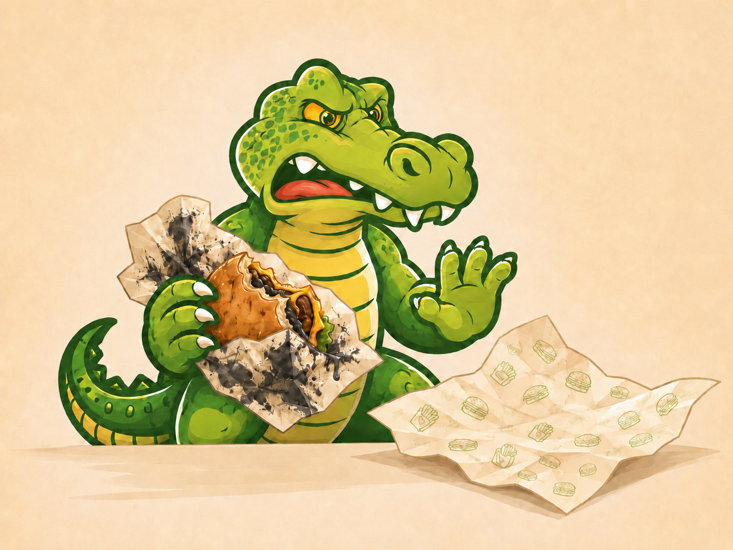 Gator mascot showing why food-safe printing matters for custom printed greaseproof paper used with burgers and sandwiches