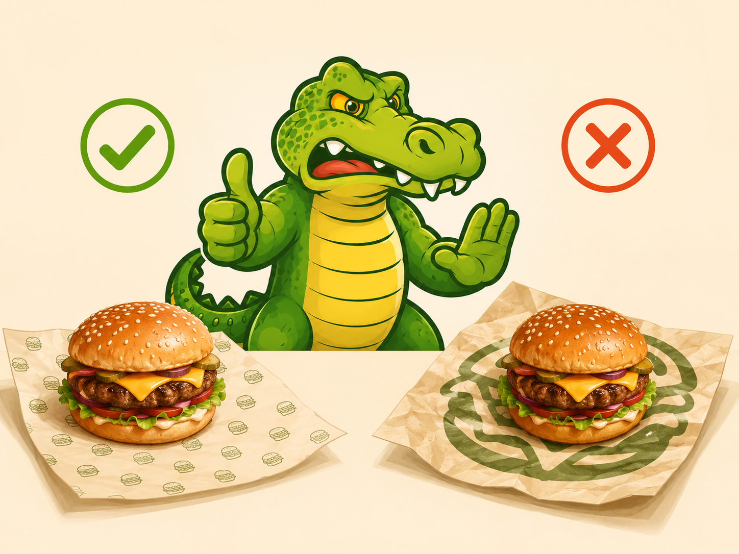 Gator mascot comparing subtle repeating logo greaseproof paper with oversized heavy logo food wrap around burgers