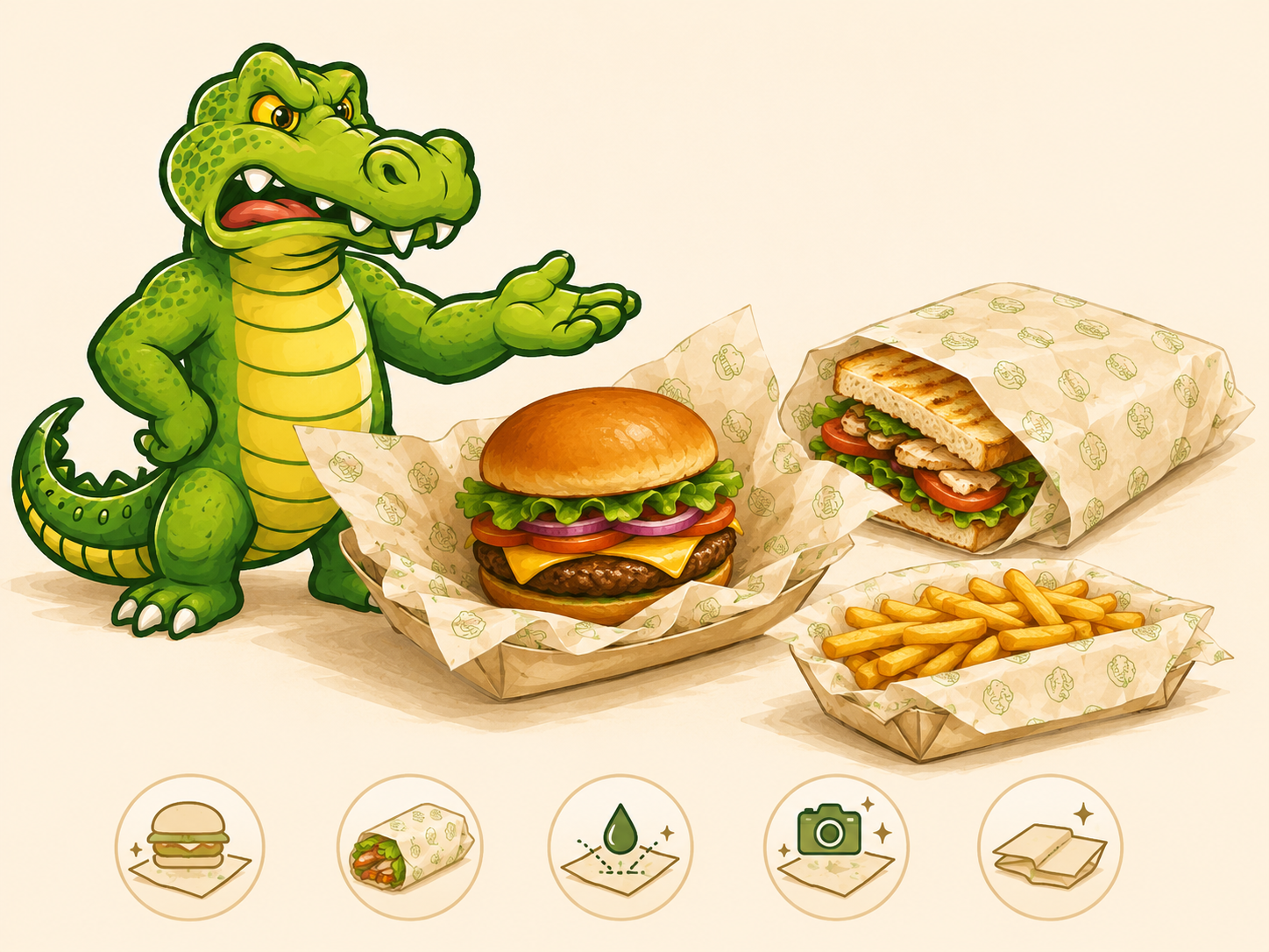 Gator mascot presenting burgers, sandwiches, and fries on custom printed greaseproof paper with a subtle repeating pattern