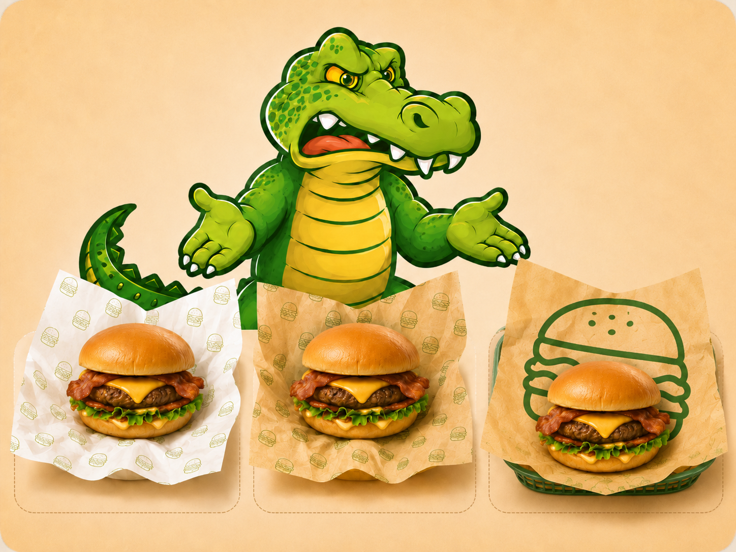 Gator mascot comparing the same burger presentation on white greaseproof paper, kraft greaseproof paper, and paper with one large logo
