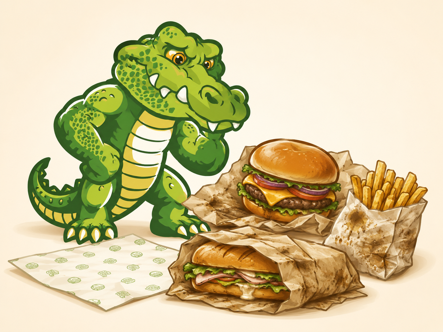 Gator mascot reacting to messy burger, sandwich, and fries presentation with greasy food wrap and a cleaner printed paper sheet nearby