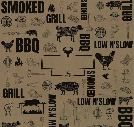 BBQ-themed deli paper with cows, pigs, grills, and words like grill and smoked repeated across the 12 by 12 kraft sheet