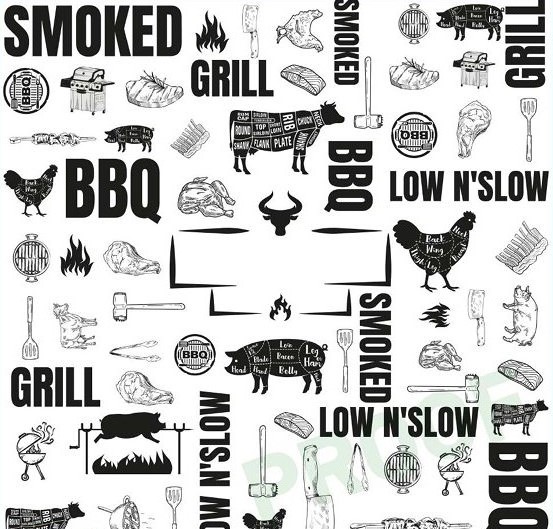 BBQ-themed deli paper with cows, pigs, grills, and words like grill and smoked repeated across the 12 by 12 white sheet