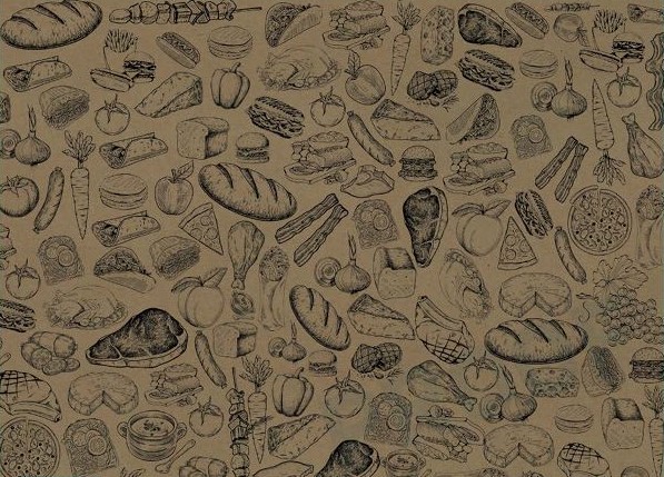 Variety of food items including bread, steak, corn, and tomatoes filling the full 13 by 20 butcher print deli paper area