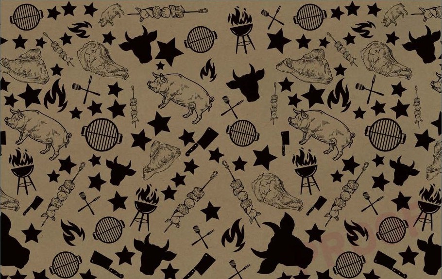 CHZ deli paper pattern with cows, pigs, and stars repeated across the kraft greaseproof sheet