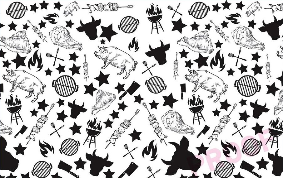 CHZ deli paper pattern with cows, pigs, and stars repeated across the white greaseproof sheet