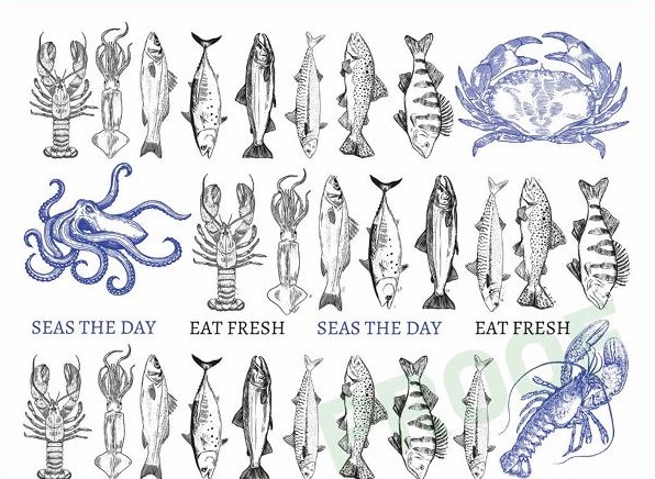 Rows of seafood illustrations including fish, crab, octopus, and lobster repeated across the white greaseproof sheet